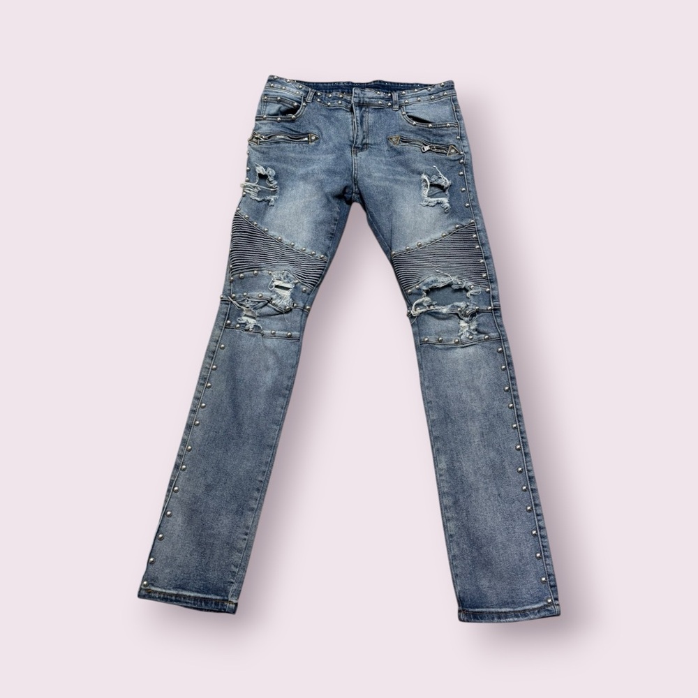 BALMAIN PARIS MENS PANTS DISTRESSED STUDDED ZIPPER BLUE JEANS SIZE 36
